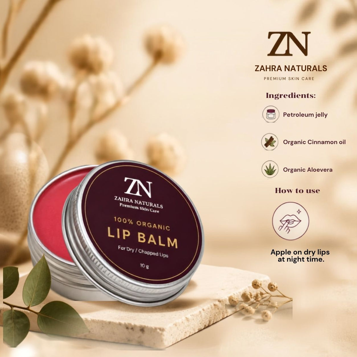 Zahra Naturals 100% Organic Lip Balm | Dry &amp; Chapped Lips